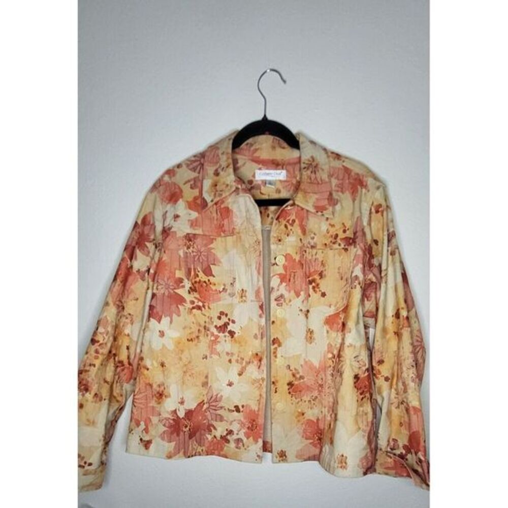 coldwater creek large jacket Tan‎ Peach Rust Floral Long Sleeve Pockets Collared